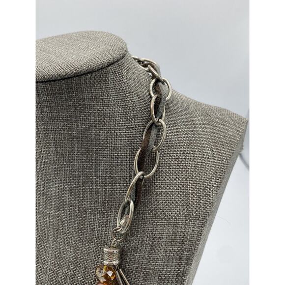 Laura Ashley Chain Leather Cord Statement Necklace Dangle Beads Marble Crystals - Picture 8 of 10